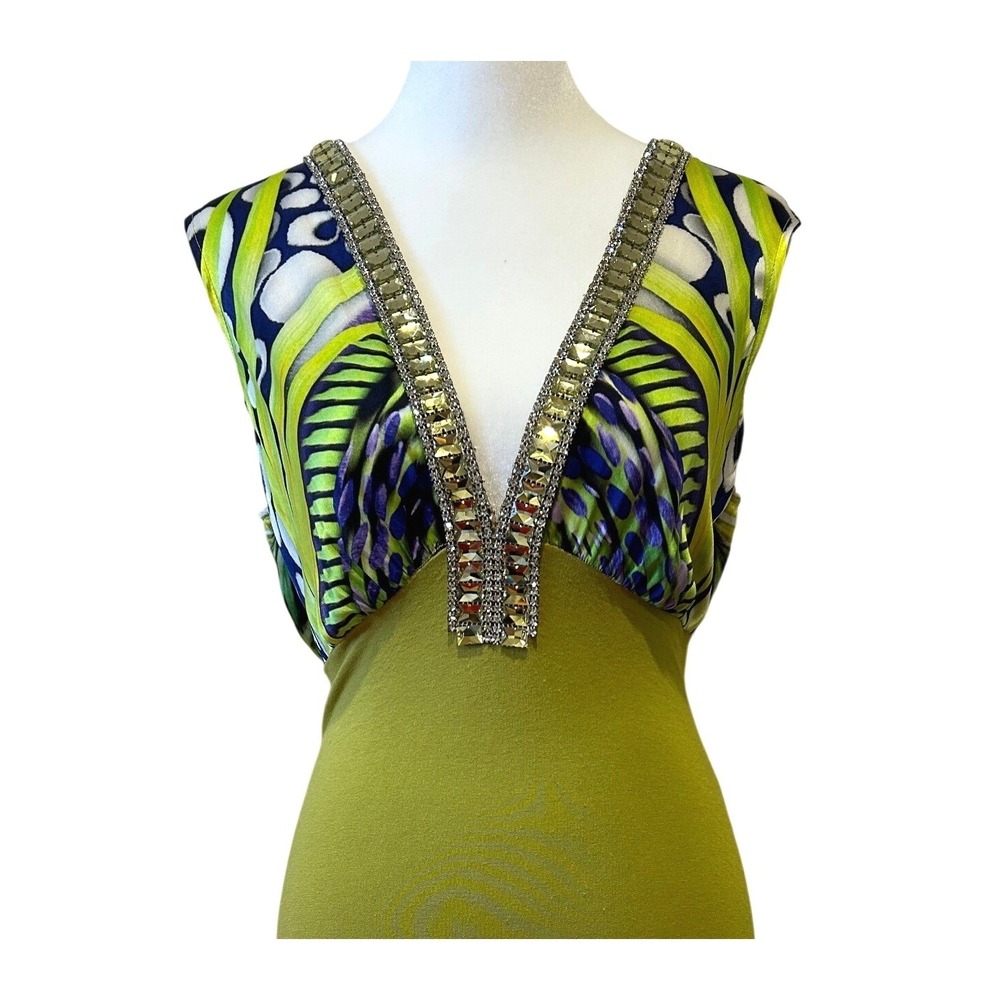 Baccio Couture Womens Bodycon Dress Size S Green Tropical Rhinestone V-Neck Mini